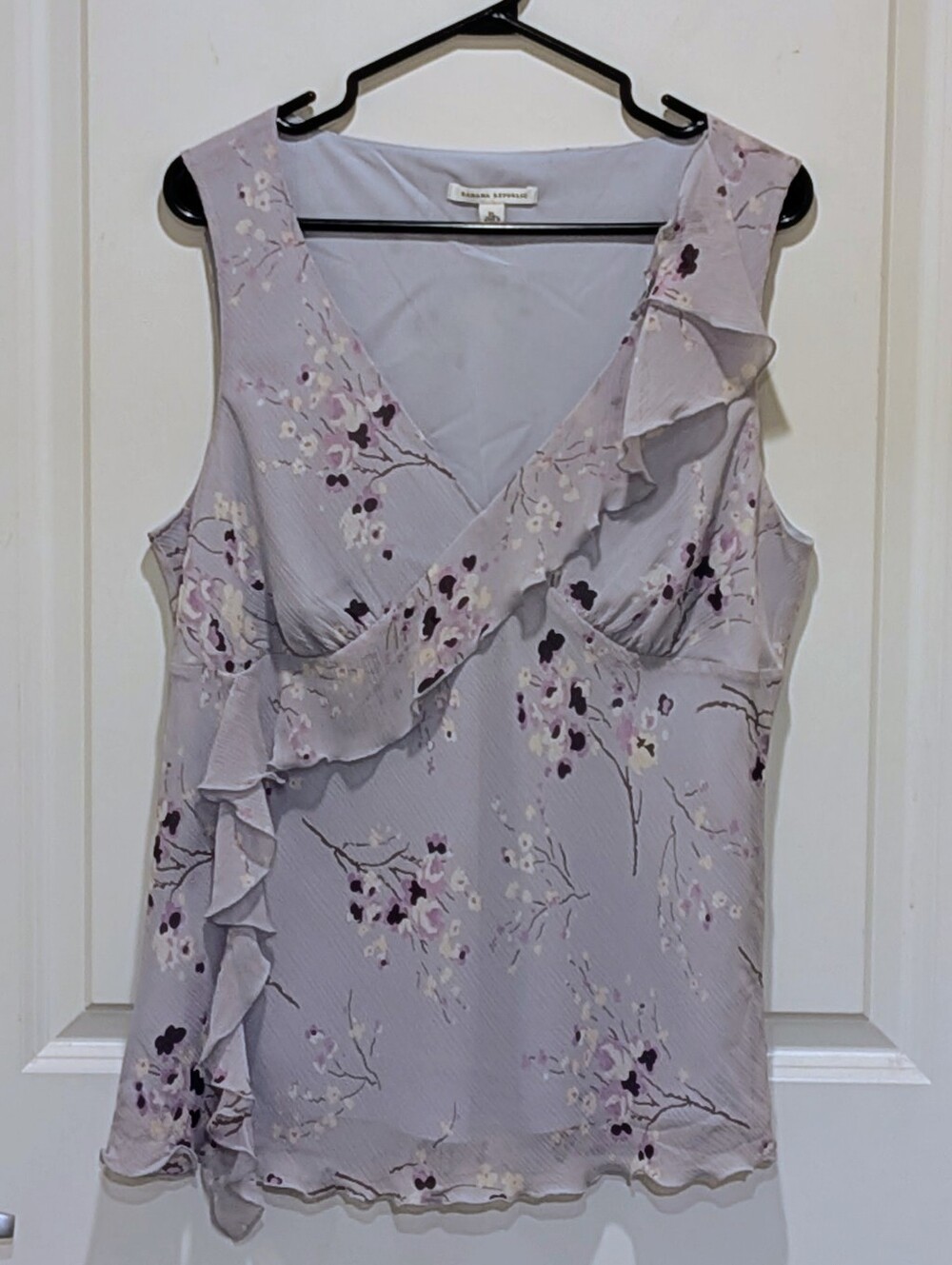 EUC Y2K Banana Republic XL Vintage Baby Blue Silk Floral Sheer Ruffled Tank Top